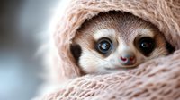 Adorable baby sloth peeking through soft pink knitted blanket, close-up portrait showing bright blue eyes and cute nose, creating heartwarming mood for nature content.