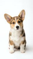 Adorable corgi puppy sitting on white background, tricolor coat with large ears, perfect for pet care marketing and dog lover designs.