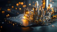 Miniature futuristic cityscape with glowing lights and bokeh effects on circuit board, creating magical technological atmosphere for business concepts.