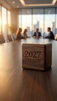 Wooden cube engraved with 2027 Trends on a conference table, blurred business team meeting in background, warm sunset light.