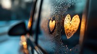 Romantic heart shapes drawn on foggy car window with warm golden light creating intimate atmosphere for love and relationship concepts.