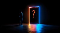 Silhouette of person standing before glowing doorway with neon question mark, dramatic lighting creates mysterious atmosphere on dark background. For conceptual designs.