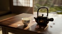 Traditional Japanese tea ceremony setup with cast iron teapot and ceramic cup on wooden table in serene indoor setting with natural lighting.