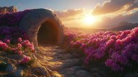 Mystical cave entrance surrounded by vibrant pink flowers at sunset, sunbeams breaking through clouds, rocky mountain path leading to dark portal in fantasy landscape.