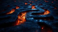 Glowing hot lava flows through dark rocky terrain at night, creating dramatic contrast between molten orange magma and cool blue-tinted volcanic landscape.