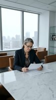 Mature Caucasian female professional wearing glasses and dark blazer reviews documents at marble conference table in modern high-rise office with city skyline view.