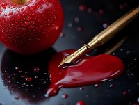 Red heart shape with fountain pen nib on dark background with water drops and red apple, romantic writing concept for love letters and Valentine's Day messages.