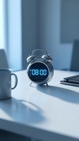 Digital alarm clock displaying 8:00 AM on white desk with coffee mug and notebooks in modern office workspace for productivity and time management concepts.