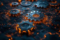 Glowing mechanical gears on dark circuit board background with orange light effects create futuristic industrial technology concept for business innovation.