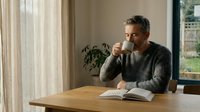 Middle-aged man with gray hair and light skin tone, wearing a gray knit sweater, drinking coffee while reading an open book at a wooden table near a window with natural light and indoor plants.