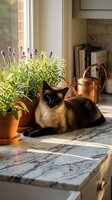 Siamese cat relaxing on marble kitchen counter with lavender plants and copper watering can in warm sunlight creating cozy domestic atmosphere.