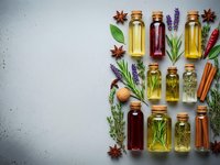 Essential oils in glass bottles with herbs and spices for aromatherapy, natural wellness, spa treatments and holistic healing on textured background.