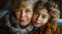 Heartwarming portrait of senior Caucasian grandmother and young curly-haired grandson with blue eyes embracing, wearing cozy winter knit scarves, showing family bond and connection.