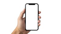 Hand holding modern smartphone with blank white screen isolated on white background for app presentation and mobile mockup design.