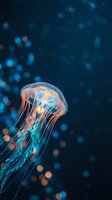 Translucent jellyfish with glowing tentacles floating in deep blue ocean water with bokeh light effects creating magical underwater atmosphere.