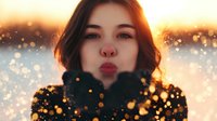 Young woman blowing golden glitter from her hands at sunset, creating magical atmosphere with bokeh light effect and warm glow.