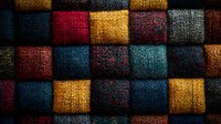 Colorful woven fabric samples arranged in grid pattern showing various textures and colors for textile design and interior decoration projects.