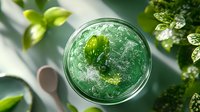Fresh green mojito cocktail with crushed ice, mint leaves and lime viewed from above on dark background with natural light and shadows.