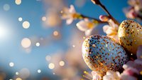 Decorative Easter eggs with gold speckles hanging on blooming cherry branches against blue sky with soft bokeh lights creating festive spring atmosphere.
