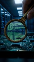 Magnifying glass revealing malware code and threat detection on computer circuit board in server room environment for cybersecurity analysis.