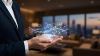 Professional businessman holding glowing digital network connections with data visualization in modern office environment at sunset.