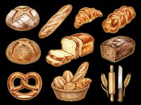 Assorted fresh baked bread loaves, croissants, pretzel, and baking tools isolated on transparent background. Ready for bakery designs, menus, t-shirts, and print-on-demand products.