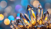 Crystal cluster with prismatic facets reflecting warm golden light against soft bokeh background for luxury jewelry and gemstone designs.