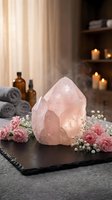 Rose quartz crystal on slate tray with pink flowers, candles, and towels in a serene spa wellness setting, promoting relaxation and healing.