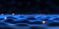Glowing orange spheres floating over abstract blue wavy surface with dark background creates futuristic technological landscape. Suitable for tech presentations.