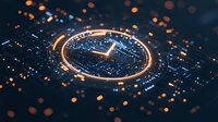 Futuristic digital clock interface with glowing orange particles and blue technology grid background showing midnight or noon time for business concept.