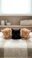 Three adorable kittens sleeping peacefully on knitted blanket in cozy home interior with neutral decor and soft natural lighting for pet care content.