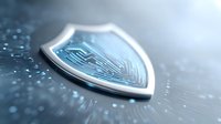 Shield-shaped cybersecurity emblem with circuit pattern on blue digital background, symbolizing data protection for technology companies.