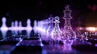 Glowing chess pieces with magical purple light effects and bokeh background, strategic game concept with digital art elements and mystical atmosphere.