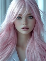 Young woman with pastel pink hair and striking blue eyes in soft lighting, natural makeup and gentle expression against blurred background.