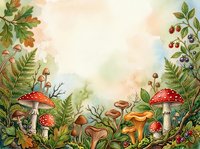 Watercolor forest floor scene with red toadstools, ferns, and wild mushrooms surrounded by autumn foliage and berries, suitable for children's book illustrations and nature-themed designs.