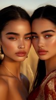 Two young women with glowing skin and natural makeup pose together in warm golden light. Professional beauty portrait showcasing diverse models with bronze complexions.