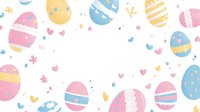 Festive Easter eggs in pastel pink, blue and yellow scattered with hearts and flowers on white background, seamless pattern for holiday designs and gift wrapping paper.
