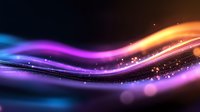 Vibrant glowing waves with purple, orange and blue light streaks flowing on dark background, sparkling particles create dynamic abstract design effect.