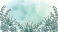 Watercolor botanical background with succulents, aloe vera, and eucalyptus branches in soft teal and sage green tones for cards and prints.