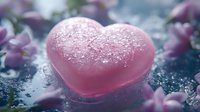 Pink heart covered in sparkling frost crystals against dark background with soft purple flowers, creating romantic winter atmosphere for Valentine's Day designs.