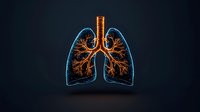 Glowing orange bronchial tree and blue lung outline floating on dark background, medical visualization showing detailed respiratory system anatomy.