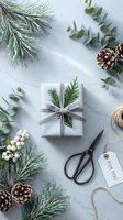 Elegant Christmas gift wrapped in white paper with gray ribbon, pine branches, eucalyptus, pinecones, scissors and twine on marble background.