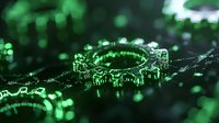 Glowing green circuit board macro with gear shapes and electronic components creating futuristic technology pattern with selective focus and bokeh effect.