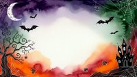 Spooky Halloween background with haunted castle, bats, crescent moon, spider web and twisted tree creating atmospheric frame for seasonal designs.