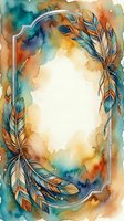 Watercolor feather frame with colorful abstract background and empty space for text or design elements in bohemian style.