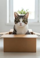 Tabby and white cat sitting in cardboard box indoors by window, curious pet looking at camera with playful expression for animal and humor content.