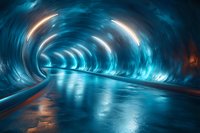 Futuristic tunnel with glowing blue lights and reflective wet surface creates dramatic sci-fi atmosphere. Modern architecture with curved walls and neon illumination.