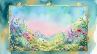 Watercolor garden landscape with blooming flowers, rolling hills, and golden frame border, suitable for spring designs, greeting cards, and wall art.