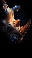 Majestic rhinoceros head portrait with dramatic lighting showcasing textured skin and prominent horn against dark background for wildlife photography projects.
