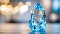 Crystal blue gemstone on reflective surface with soft bokeh background lights creating magical atmosphere for luxury jewelry and precious stone concepts.